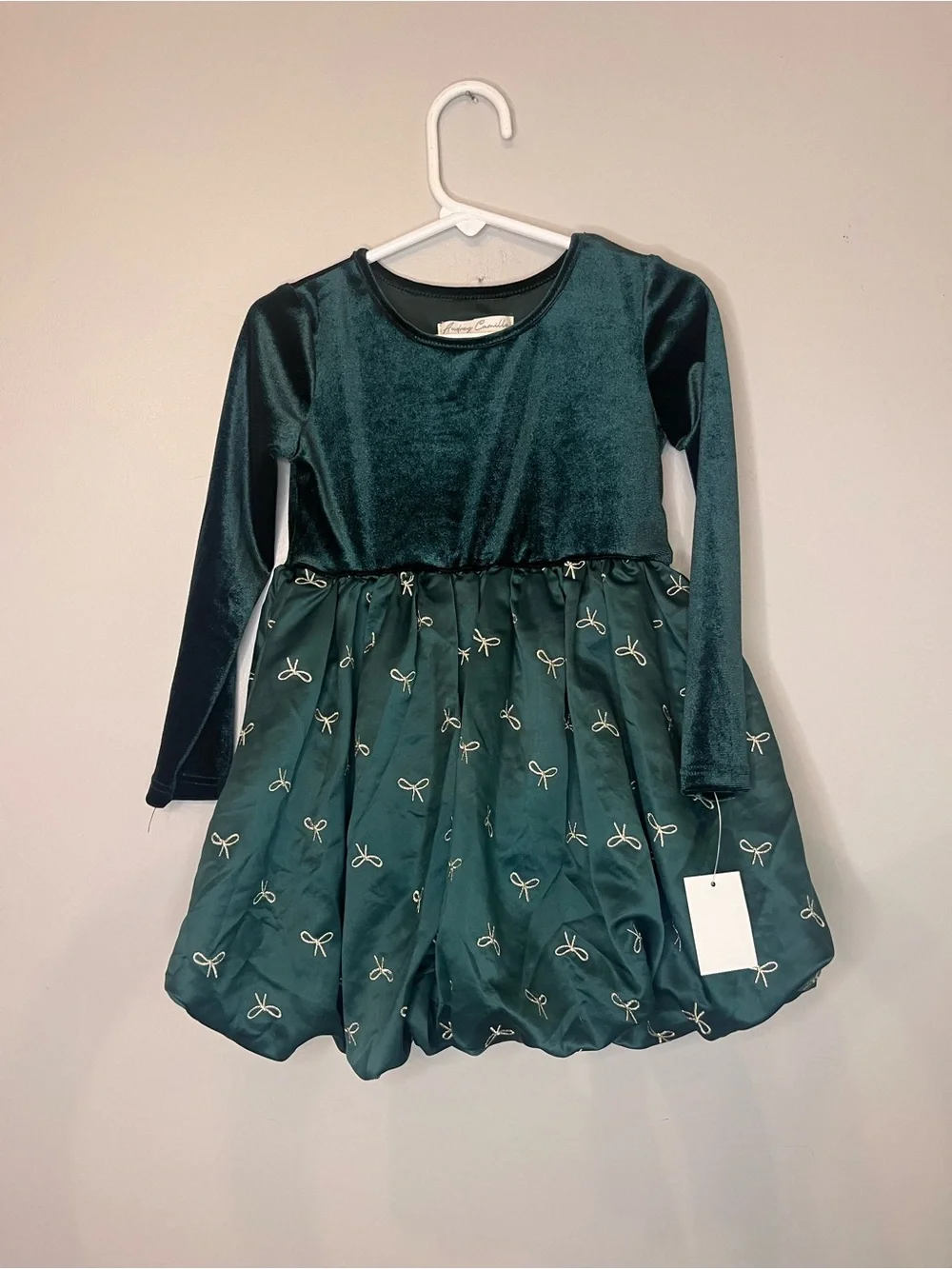 Girls Dark Green Velvet & Satin Holiday Dress with Gold Bow Accents